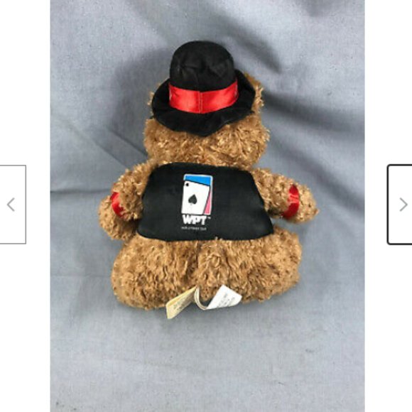 World Poker Tour Hat WPT 8" Cuddly Brown Teddy Bear Curly Plush 2006 Bow Tie - Picture 10 of 12